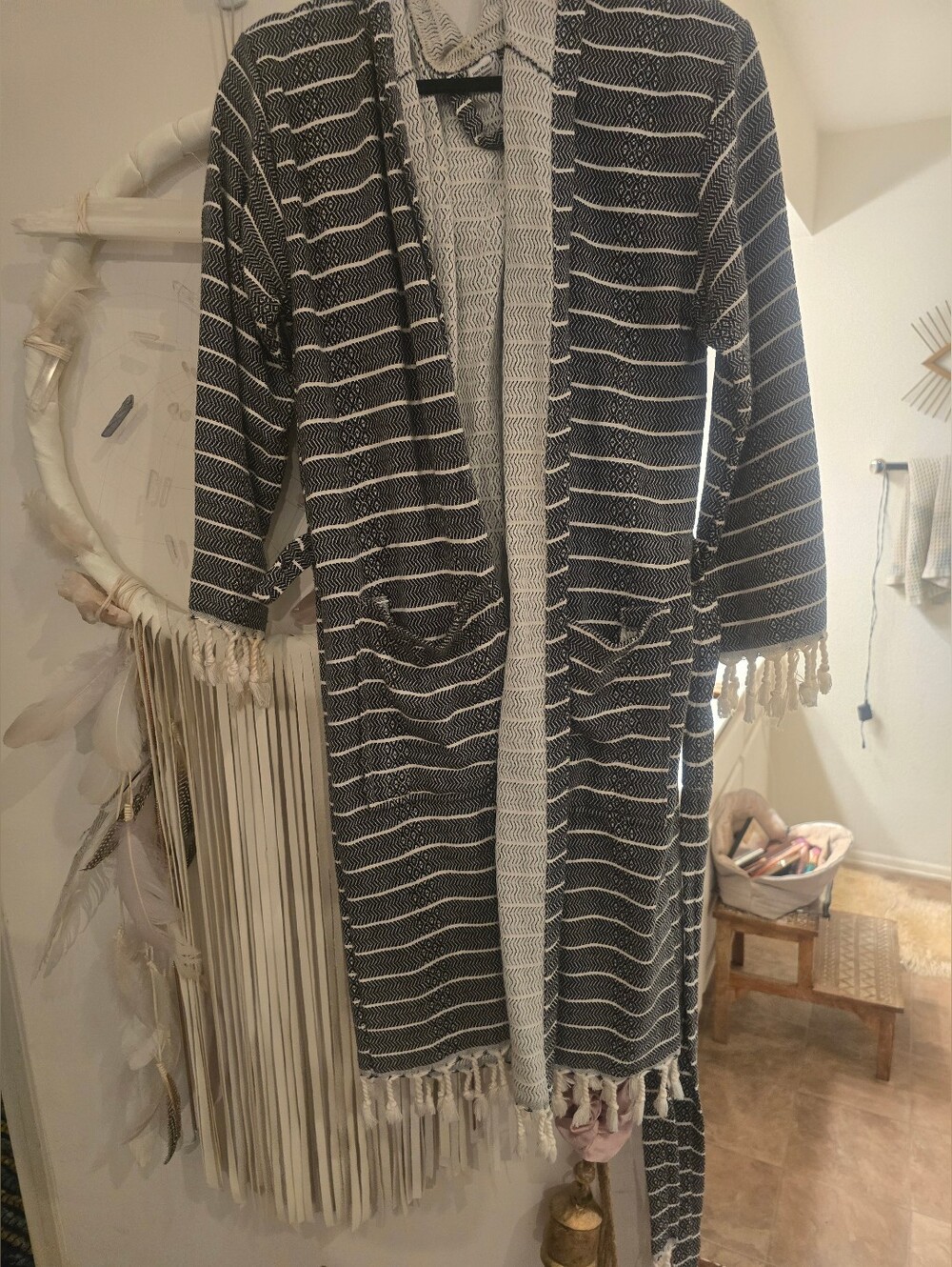 Moroccoan Hooded  Robe Striped Tassel Open Cardigan - Black & Cream .